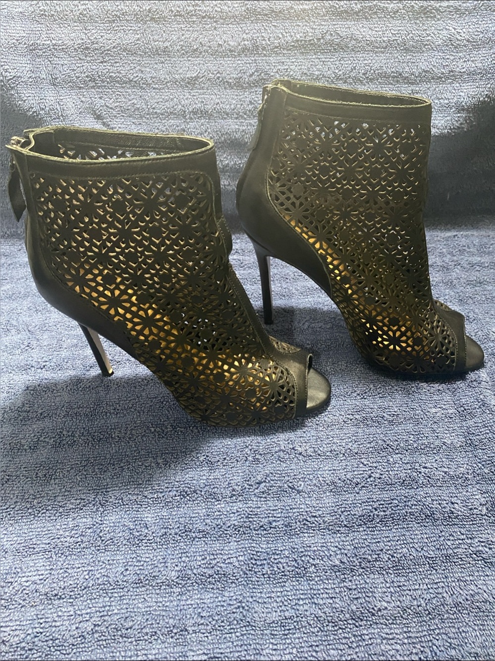 Badgley Mischka “July”Leather Black Laser-Cut Peep-Toe Stiletto Booties